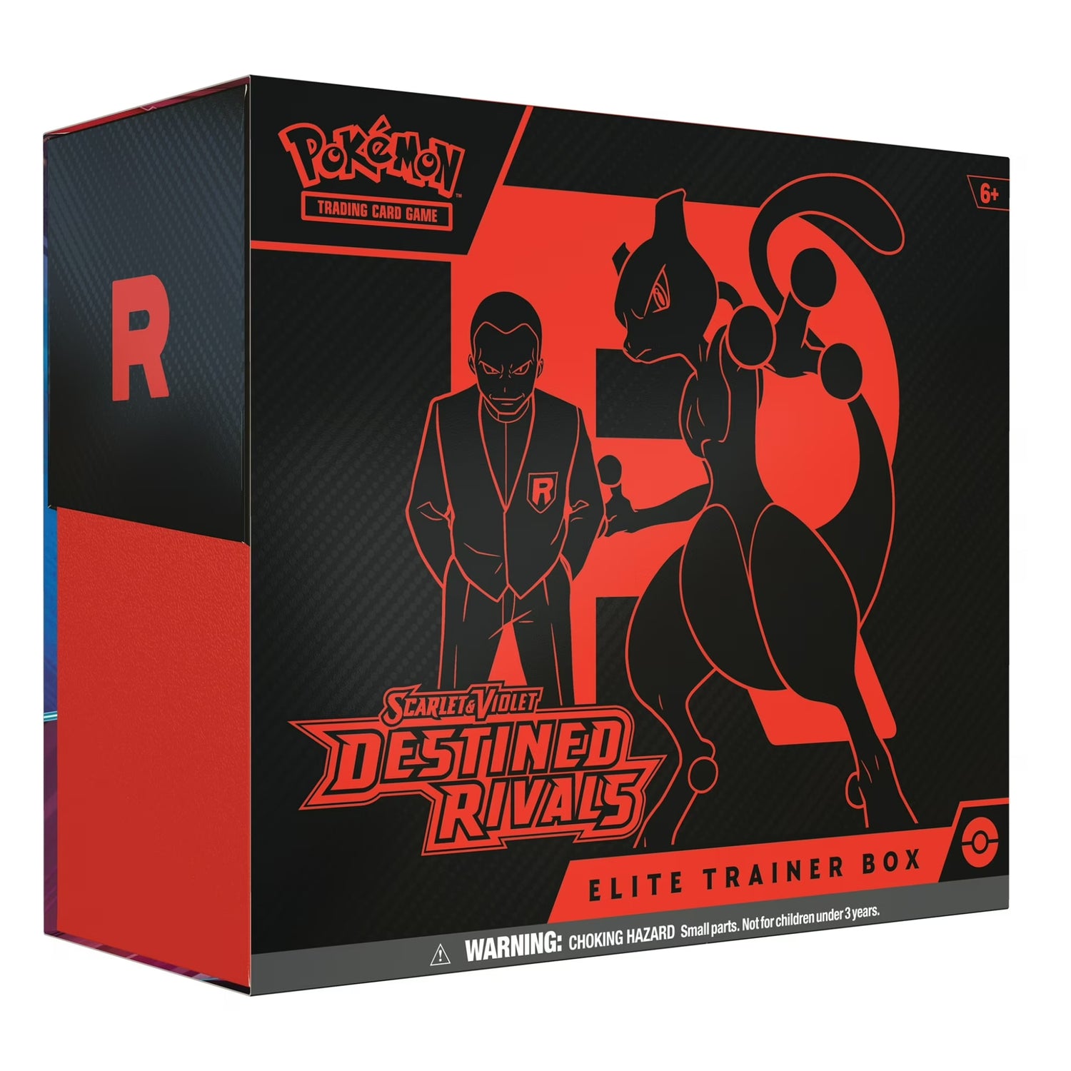 Factory-sealed Pokémon Scarlet & Violet Elite Trainer Box with red-and-black Team Rocket/Mewtwo artwork and sealed booster pack art