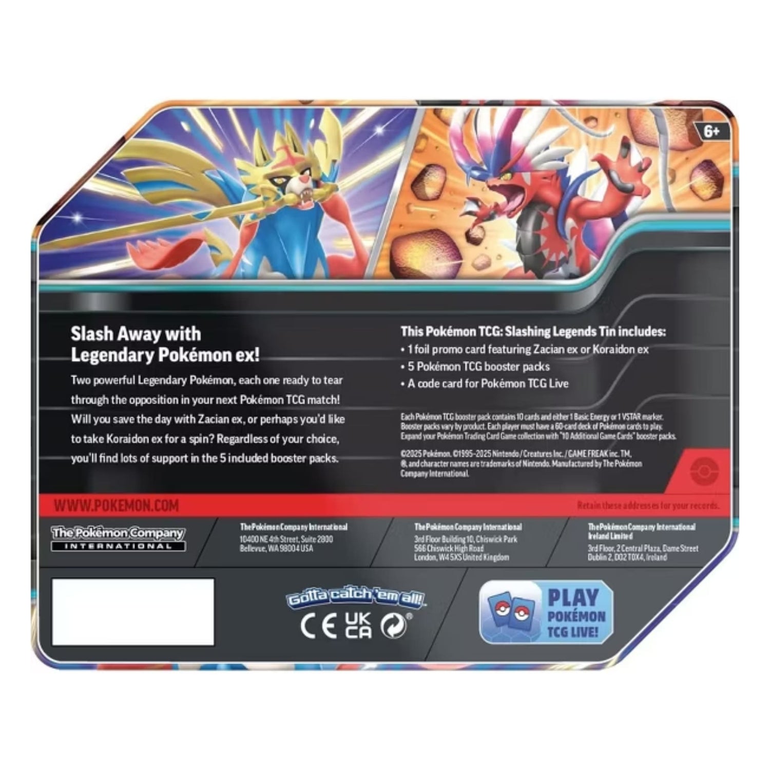Slashing Legends tin artwork showing Zacian ex foil promo card