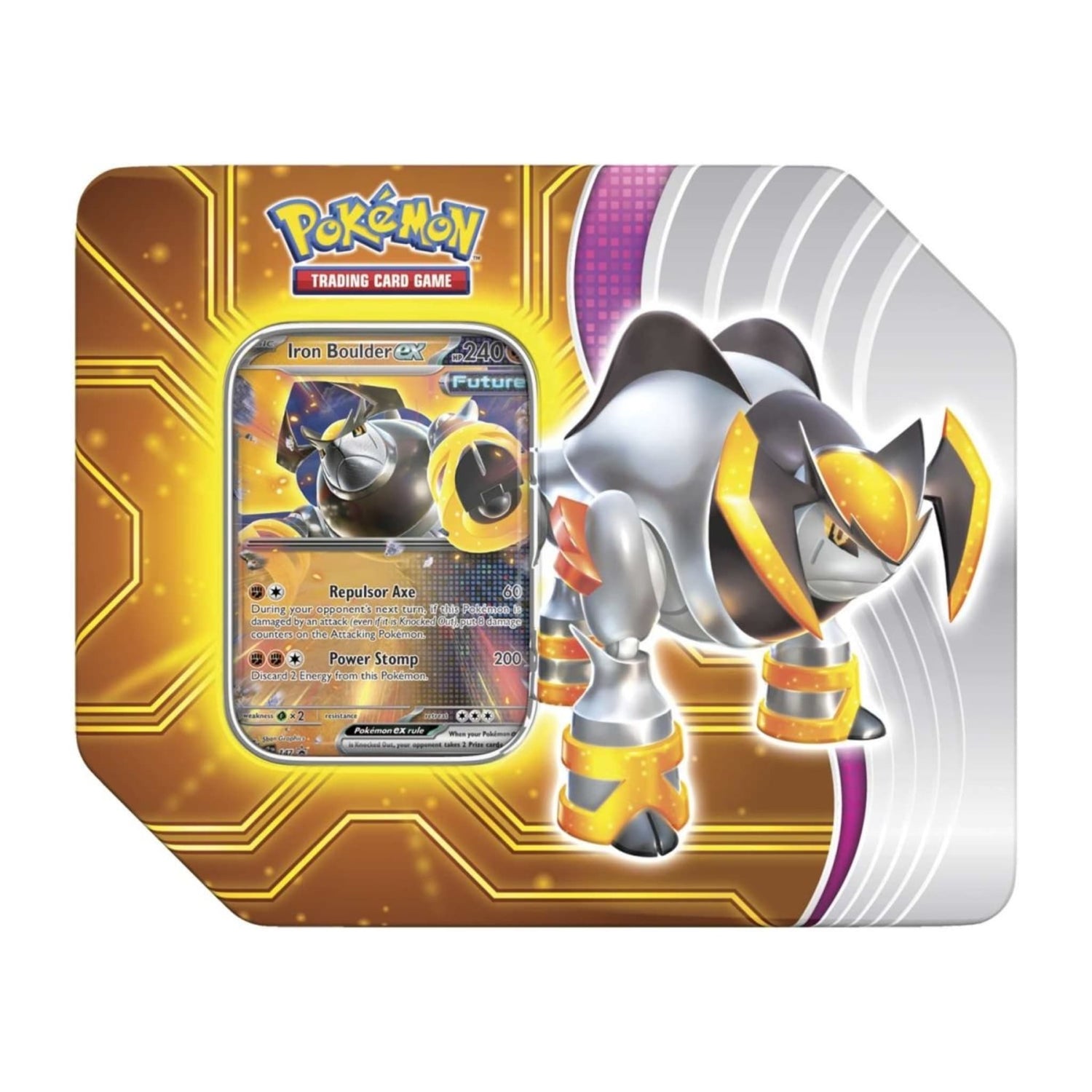 Sealed Pokémon TCG Paradox Destinies tin featuring Iron Boulder ex promo card, five booster packs and a Pokémon TCG Live code card.