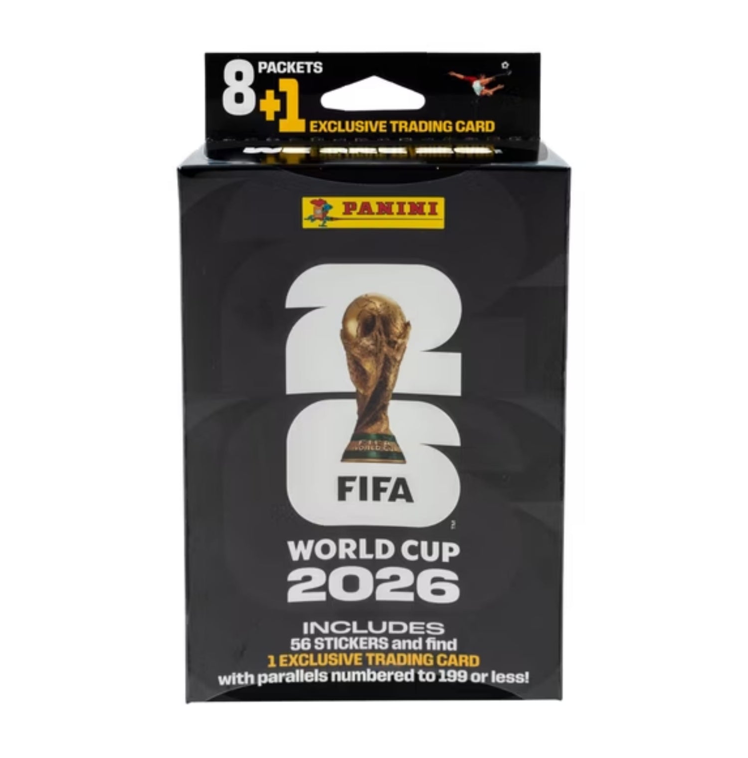 Panini FIFA World Cup 2026 sealed pack box – packaging shows 8 packets + 1 exclusive trading card and 56 stickers